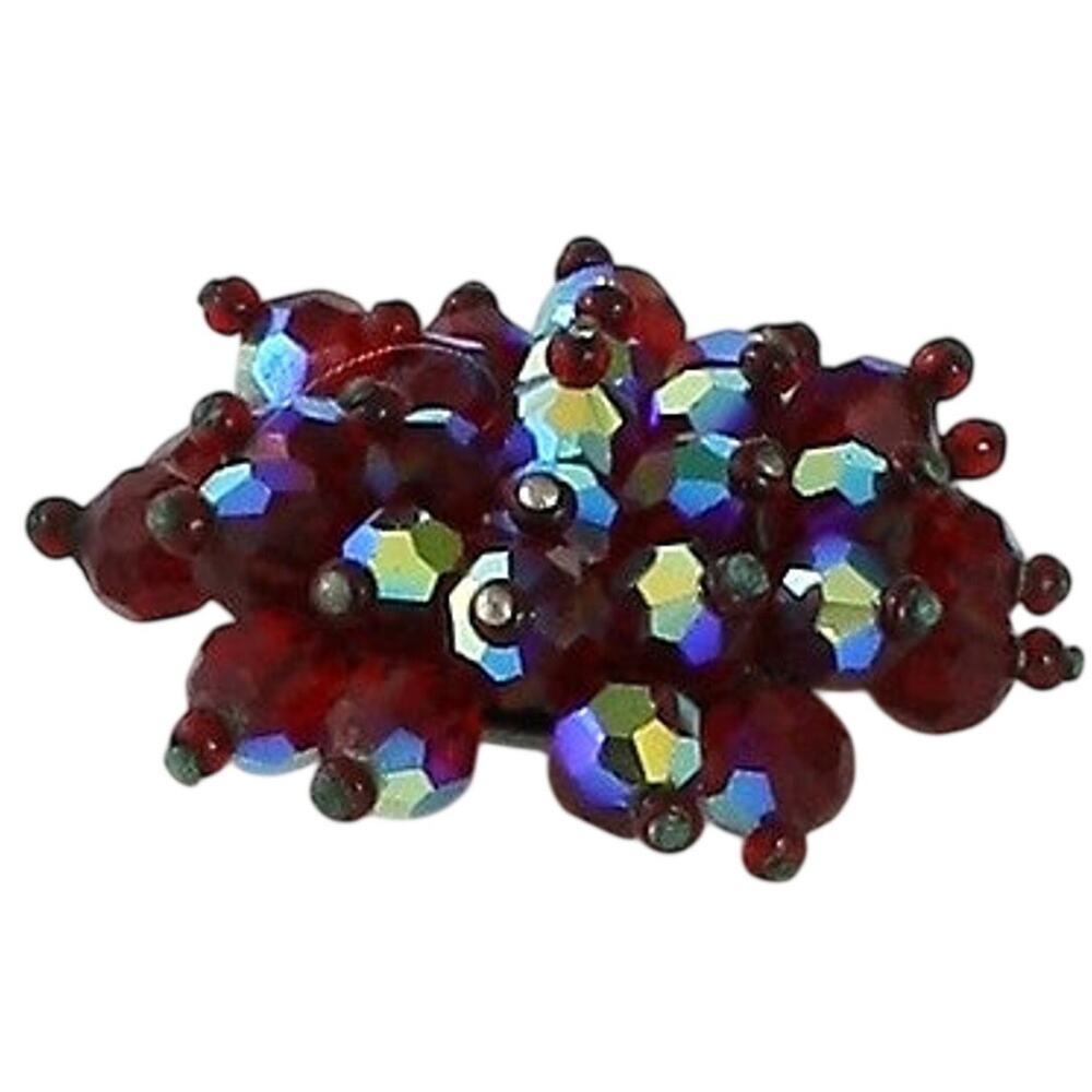 Vintage 1960s Ruby Red AB Glass Bead Cluster Brooch Pin 2.5”
